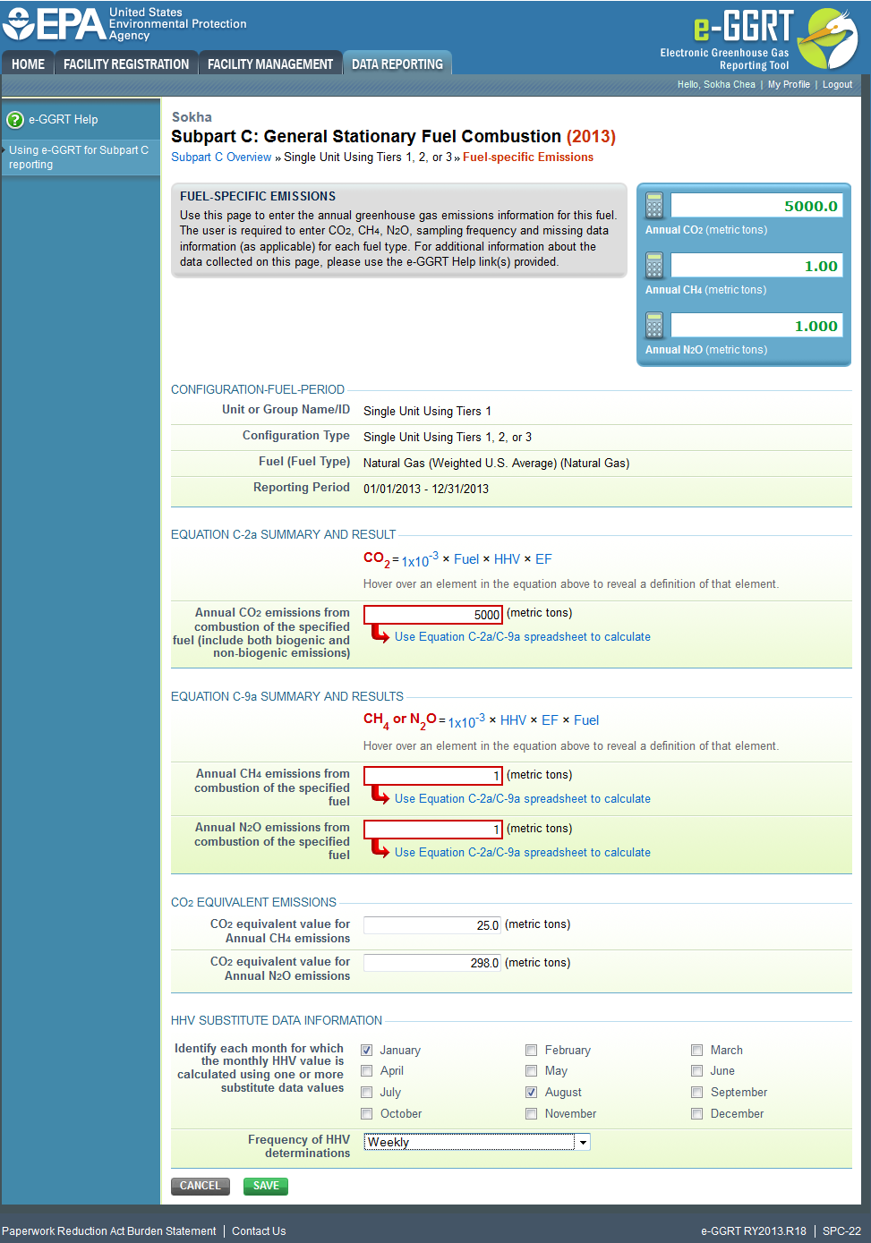 Subpart C Reporting Emissions and Equation Inputs to EPA